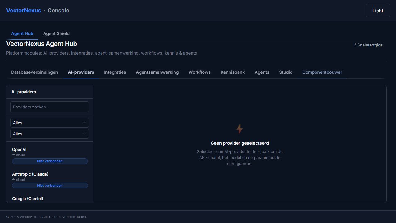 VectorNexus Agent Hub: overzicht van AI-providers, integraties en agentteams