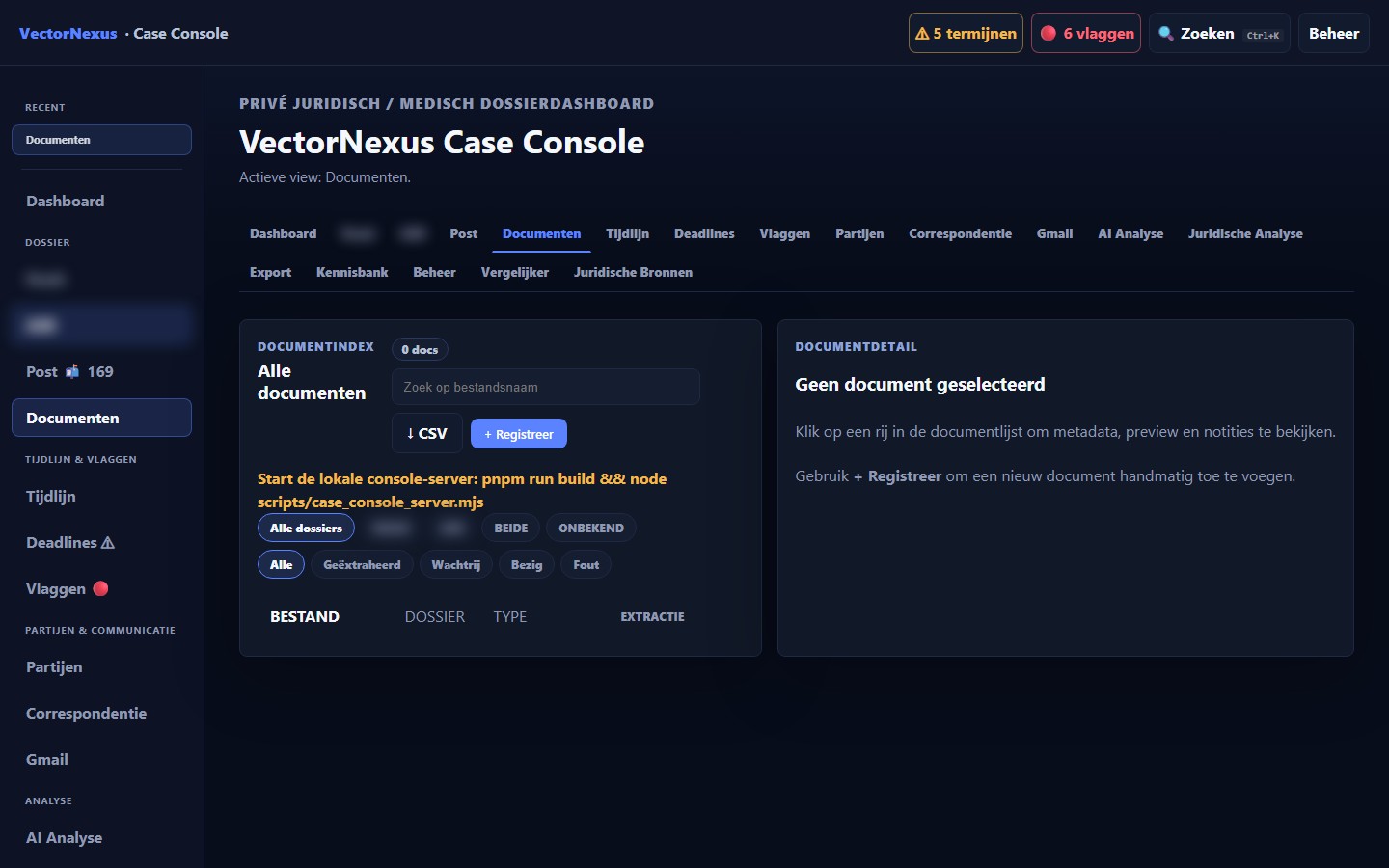 Documentenindex met status per dossier en AI-extractie
