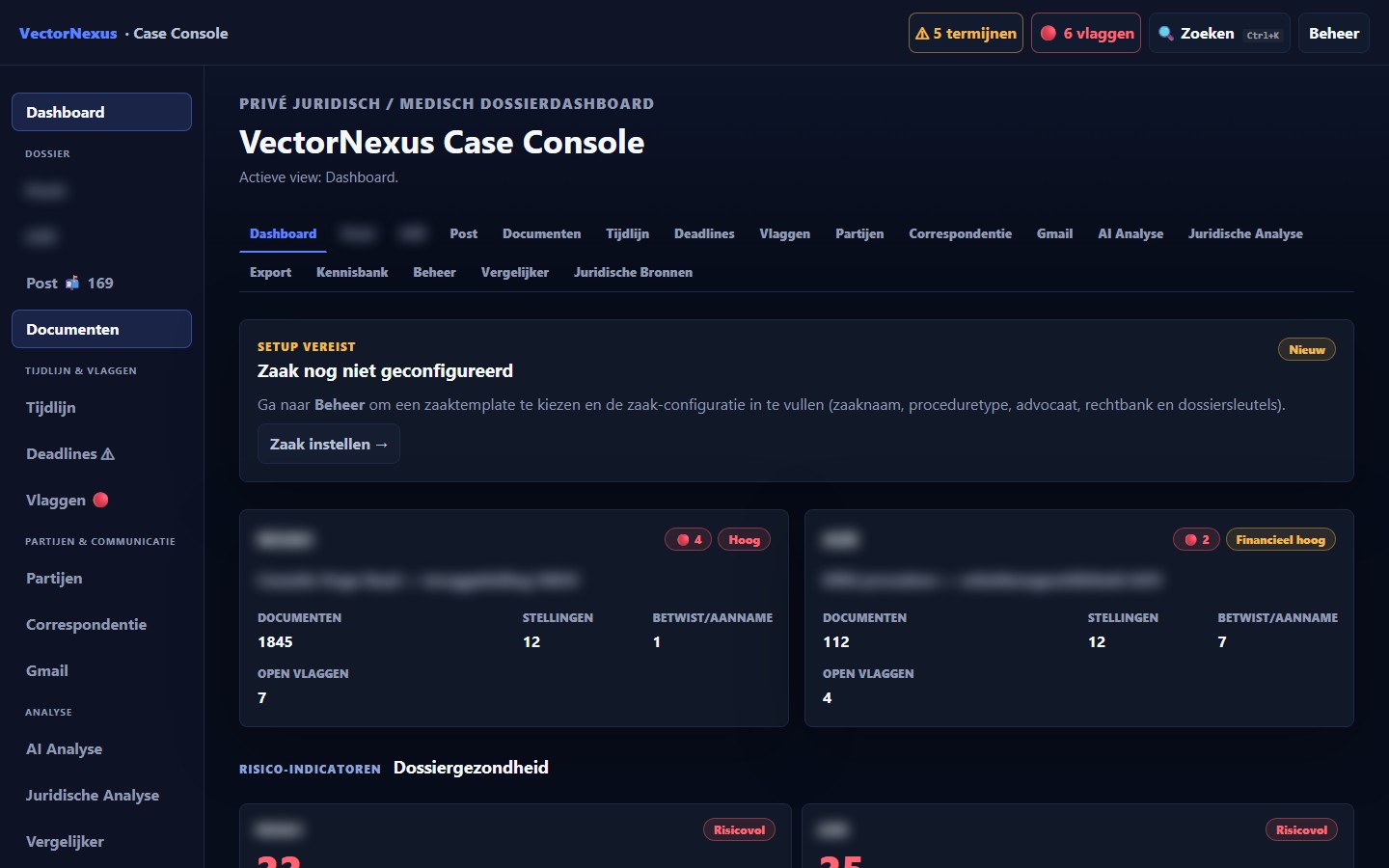 Case console dashboard - dossiergezondheid met risico-indicatoren