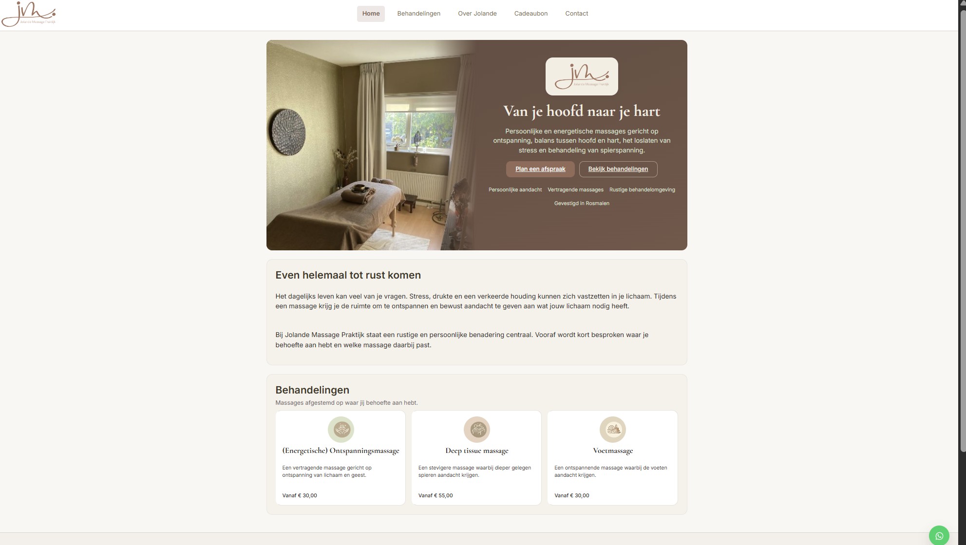 Homepage met behandelruimte, behandelingen en prijzen