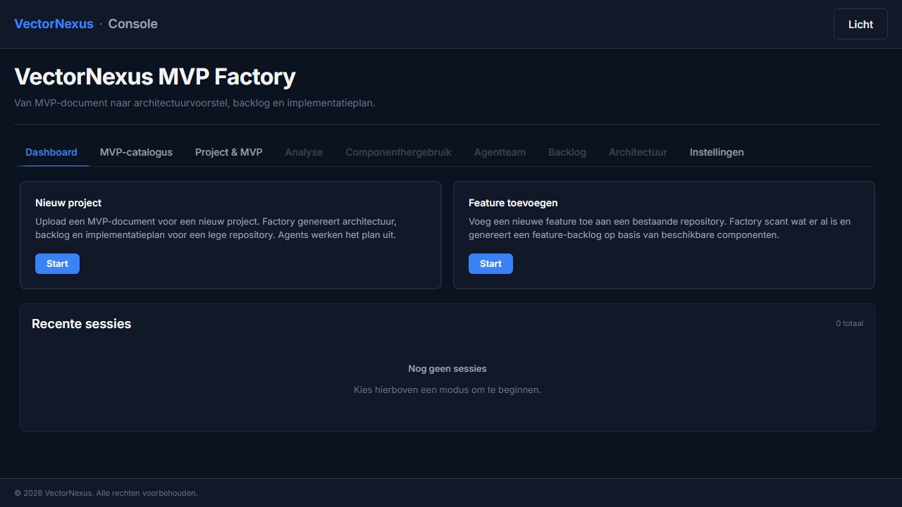 VectorNexus MVP Factory: dashboard voor nieuw project of feature toevoegen
