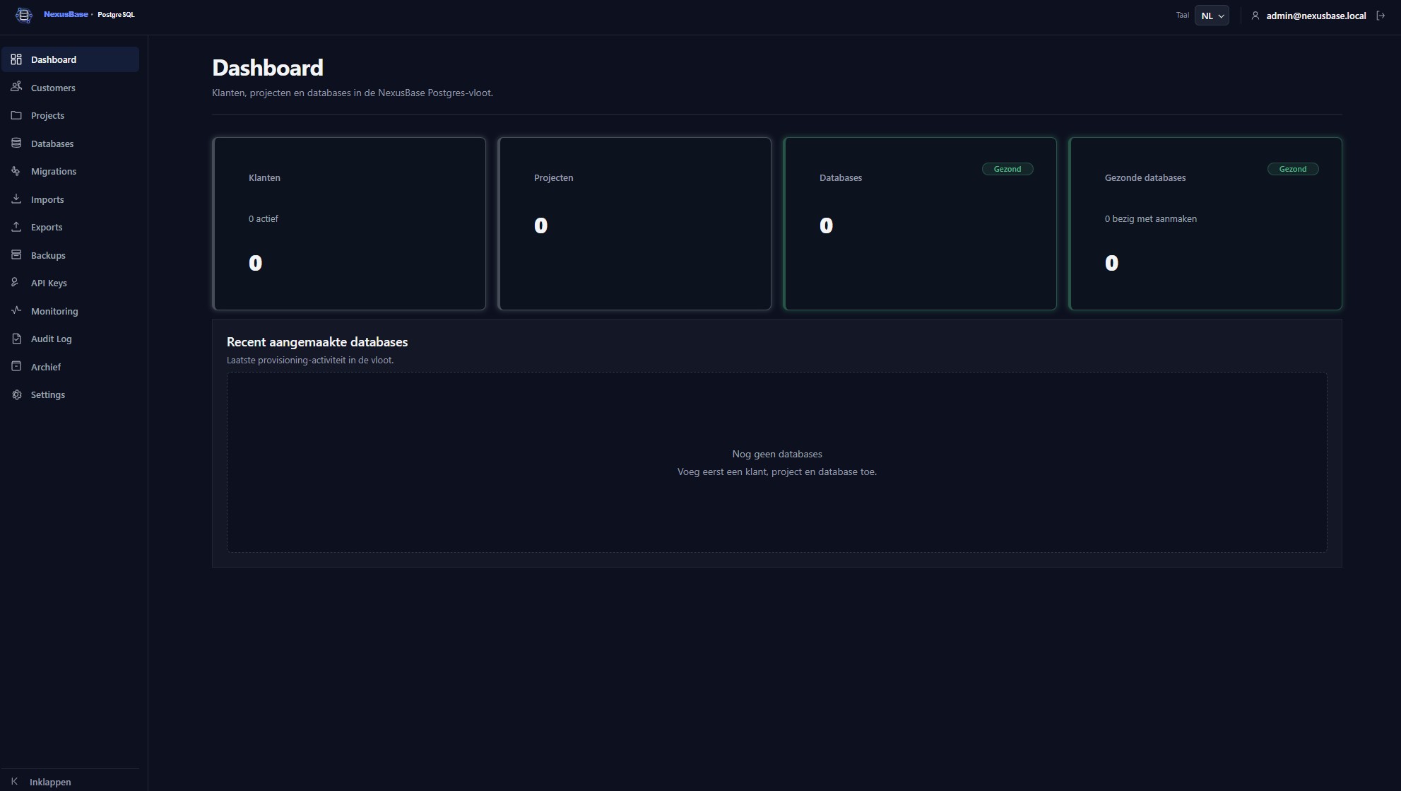 Beheerdashboard met klanten, projecten en databases
