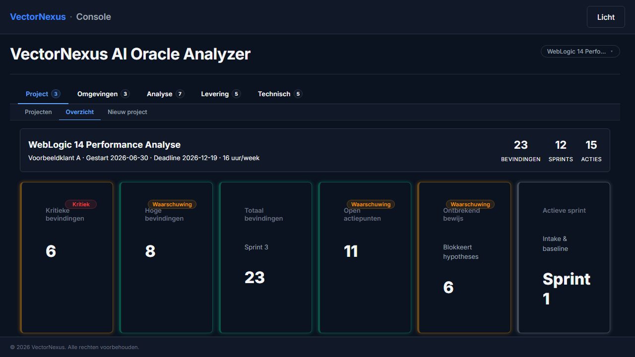 VectorNexus AI Oracle Analyzer: projectoverzicht met bevindingen, sprints en acties