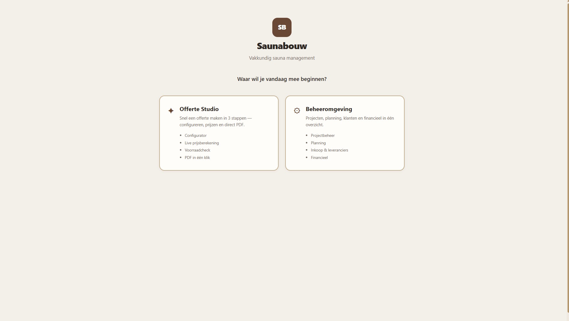 Startscherm met Offerte Studio en Beheeromgeving