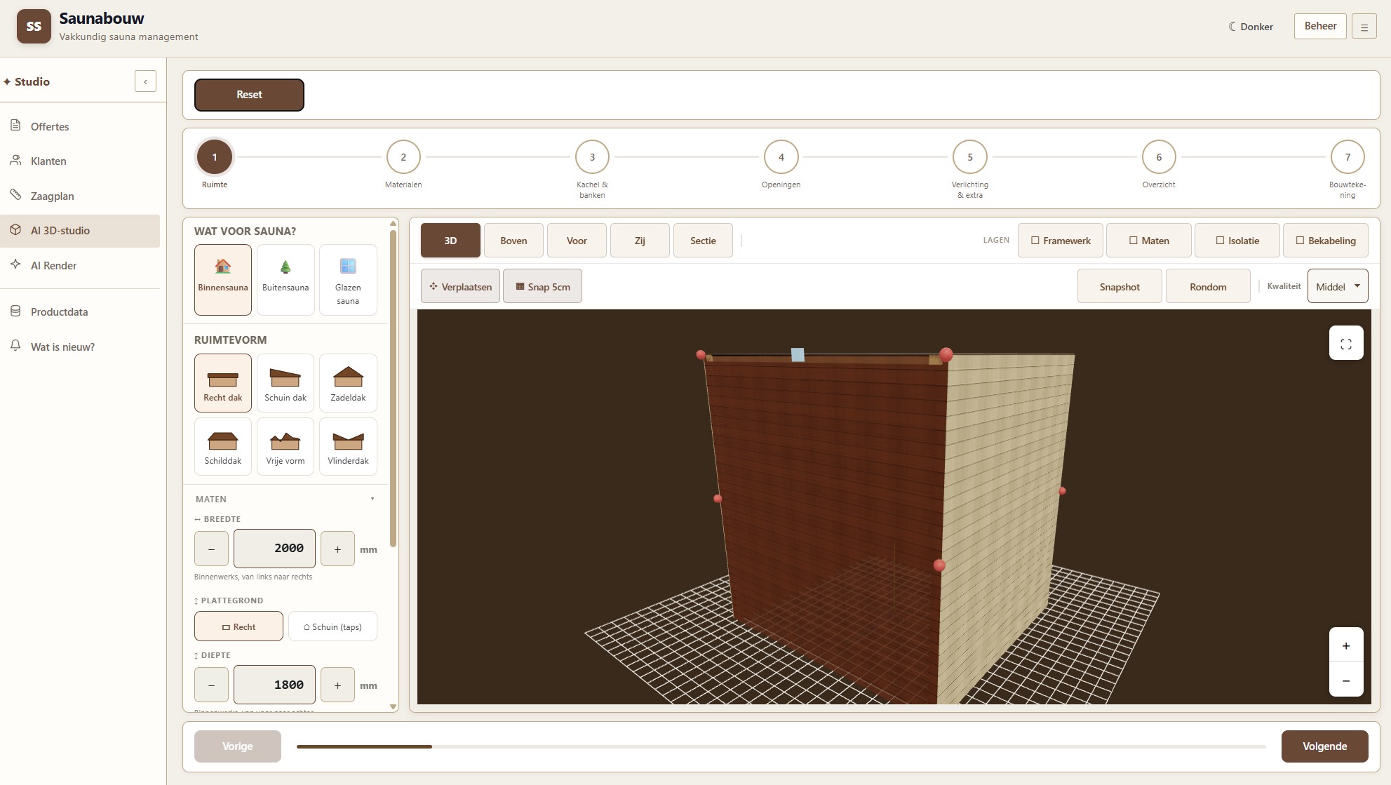3D sauna-configurator - ruimtevorm, maten en materialen in 7 stappen