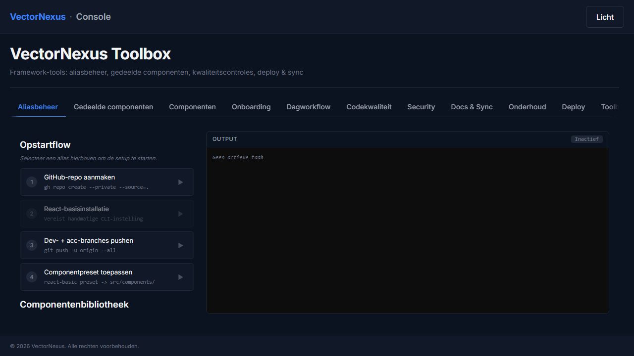 VectorNexus Toolbox: aliasbeheer met opstartflow per project