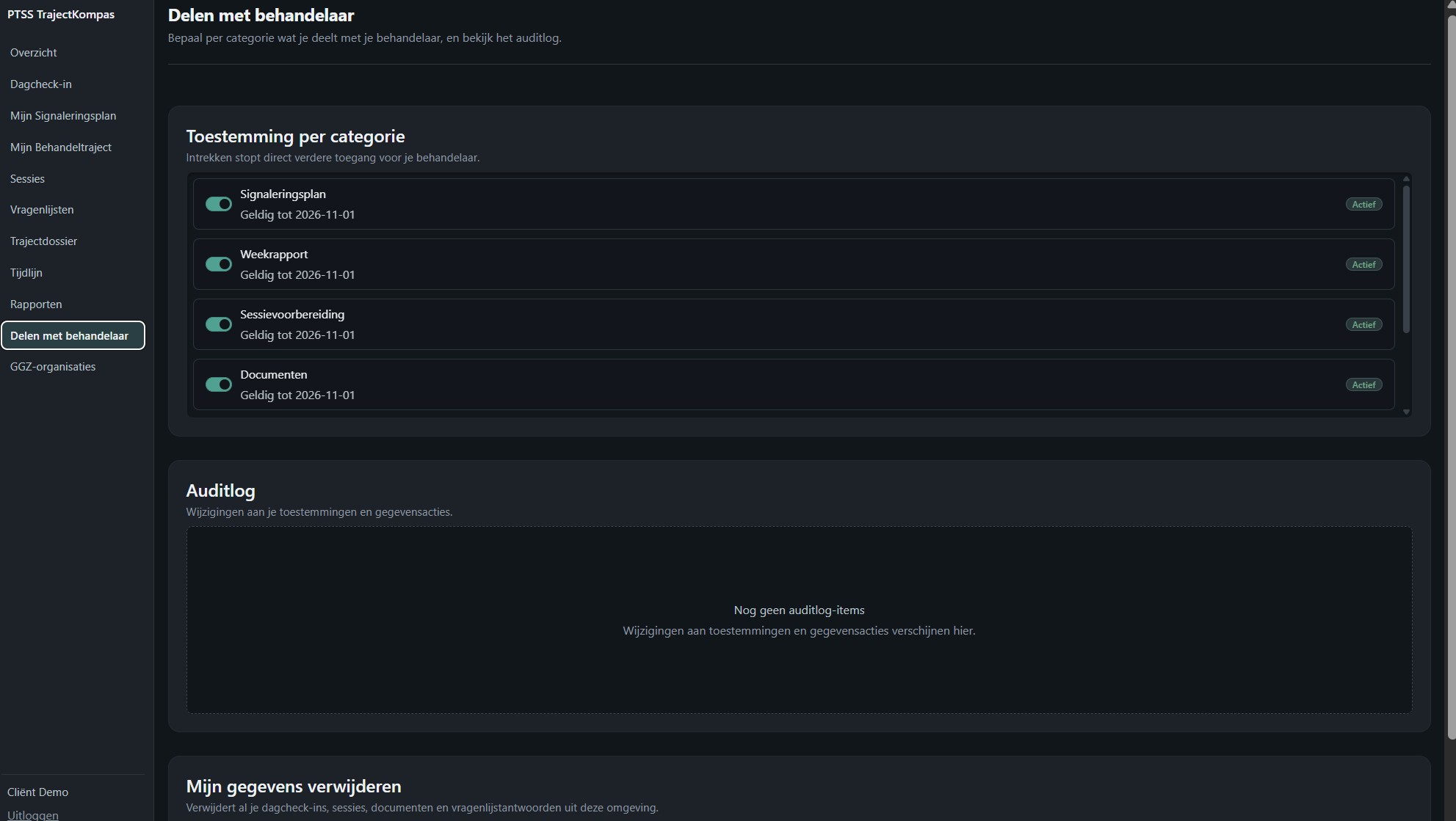 Delen met behandelaar: toestemming per categorie met auditlog